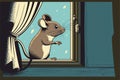 Adorable little mouse sitting by the window in a house