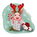 Adorable little pig in gift box. Vector