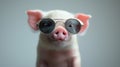 adorable little piglet with sunglasses looking forward and sitting