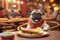 Adorable little pug sitting at crowded mexican restaurant table eating tacos, funny Mexican food ad, blurred background with copy Royalty Free Stock Photo