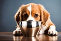 Adorable Little Puppy Eating Dog Food From A Bowl. Feeding Pets Is A Notion. Generative AI Royalty Free Stock Photo