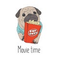 Adorable little puppy with pop corn paper bag. Cute pug illustration. Small dog relaxing on weekend in cinema. Leisur