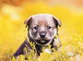 Adorable little puppy sitting in the bright Sunny grass in the g Royalty Free Stock Photo