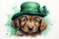 Adorable Little Puppy Wearing a Stylish Vibrant Green Top Hat - Cute Pet Fashion. St.Patricks Day