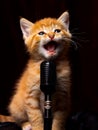 Adorable little red kitten with opened mouth singing a song. Cute cat in front of microphone. Black background. Generative AI