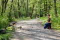 Adorable little school kid boy feeding wild geese family in a forest park. Happy child having fun with observing birds Royalty Free Stock Photo