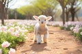 adorable little sheep walking in scenic outdoor setting with plenty of space for text or copy