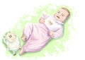 Adorable little smiley baby in blue pajama lying in bed with plush lamb. Hand drawn illustration in soft colors Royalty Free Stock Photo