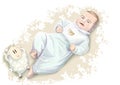 Adorable little smiley baby in blue pajama lying in bed with plush lamb. Hand drawn illustration in soft colors Royalty Free Stock Photo