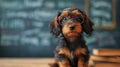 adorable little teckel dachshund puppy with glasses sitting in front of blackboard