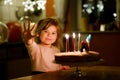 Adorable little toddler girl celebrating fifth birthday. Cute toddler child with homemade princess cake, indoor. Happy Royalty Free Stock Photo