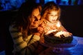 Adorable little toddler girl celebrating second birthday. Baby child daughter and young mother blowing candles on cake Royalty Free Stock Photo