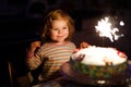 Adorable little toddler girl celebrating second birthday. Baby child eating marshmellows decoration on homemade cake Royalty Free Stock Photo