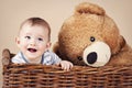 Adorable little toddler in the wicker basket Royalty Free Stock Photo