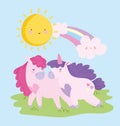 Adorable little unicorns rainbow clouds sun fantasy magic animal cartoon