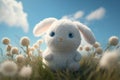 Adorable Little White Bunny Hopping in the Meadow with daisy flowers, cartoon lovely childhood