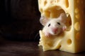 Adorable little white mouse peeking out from a hole in a large piece of cheese, illustrating curiosity and cuteness. Copy space.