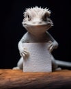 Adorable lizard holding a piece of paper, AI-generated.