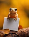 Adorable lizard holding a piece of paper, AI-generated.