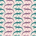 Adorable lizards hand drawn vector illustration. Cute colorful geckos in flat style seamless pattern for children fabric.