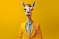 adorable llama in business suit on yellow background, Generative AI