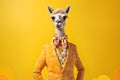 adorable llama in business suit on yellow background, Generative AI