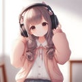 An adorable and lovely anime girl wearing headphone with cute pose, anime style, wallpaper, design, art