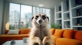 Adorable meerkat enjoys a stylish urban apartment.