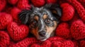 Adorable merle puppy with expressive eyes nestled in cozy red knitted blanket, exuding warmth and comfort