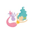 Adorable mermaid with pink tail swimming with purple octopus. Water nymph with turquoise hair. Mythical water creature