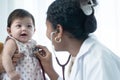 Adorable mixed race, Asian and Caucasian, newborn baby 3 months old girl check up examines by pediatrician. Doctor using Royalty Free Stock Photo