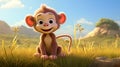 Adorable Monkey Enjoying Nature in the Savannah, Kids\' Full Illustration - Cartoon Image for