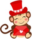 Adorable monkey with red hat holding a valentine letter envelope