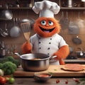 Adorable monster chef cooking in a kitchen Cute and funny illustration perfect for culinary themes2