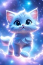 Adorable moonbeam kitten posing in cute, with fur like stardust, twinkling eyes, stars accross nebula sky, disney style, cartoon
