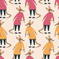 Adorable mother kangaroo with baby in colorful pullover vector illustration. Funny animal character in clothes seamless pattern. Royalty Free Stock Photo