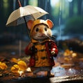 Adorable Mouse with Umbrella on Rainy Day in Enchanted Forest