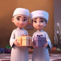 Adorable Muslim Boys Character Holding Gift Boxes. Eid Mubarak, Generative AI