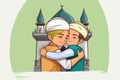 Adorable Muslim Boys Character Hugging and Wishing Each Other on Mosque Background, Eid Mubarak