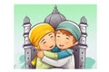 Adorable Muslim Kids Characters Hugging and Wishing Each Other on Mosque Background, Eid Mubarak