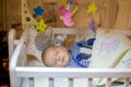 Adorable newborn baby boy, sleeping in crib at night Royalty Free Stock Photo