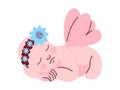 Adorable Newborn Baby Girl Dressed in Flower Headband and Wings Sleeping Vector Illustration Royalty Free Stock Photo