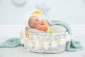 Adorable newborn child wearing bunny ears hat in baby nest