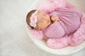 Adorable newborn girl lying in baby nest