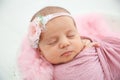 Adorable newborn girl lying in baby nest