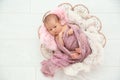 Adorable newborn girl lying in baby nest on light background