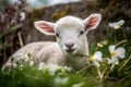 Adorable newborn lamb in floral plants. Generate ai