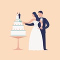 Adorable newlyweds cutting cake with topper isolated on light background. Cute romantic married couple. Bride and groom Royalty Free Stock Photo