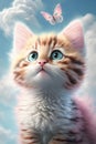 adorable nice cute pink kitten with blue stripes, a long curly tail, playing with a butterfly on white fluffy clouds