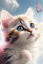 adorable nice cute pink kitten with blue stripes, a long curly tail, playing with a butterfly on white fluffy clouds